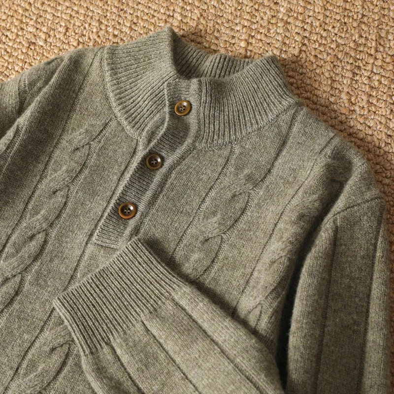 DjzDsm Autunno Inverno Maglione da uomo Collo a lupetto Pullover 100% lana merino Maglieria Bottone Mezza aperta Fiore intrecciato Nuovi top alla moda