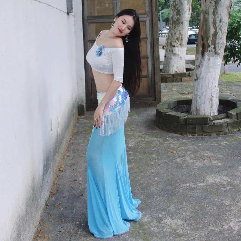 customized Belly Dance Costumes New Set Performance Dress Class Dress Sexy Temperament Practice Clothes Blue Fish Tail Skirt