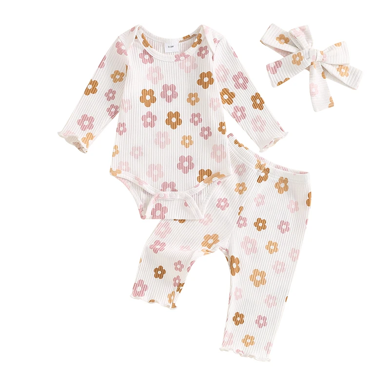 

Newborn Baby Girl Outfit Long Sleeve Crewneck Floral Romper Pants Set Infant Fall Clothes 3Pcs