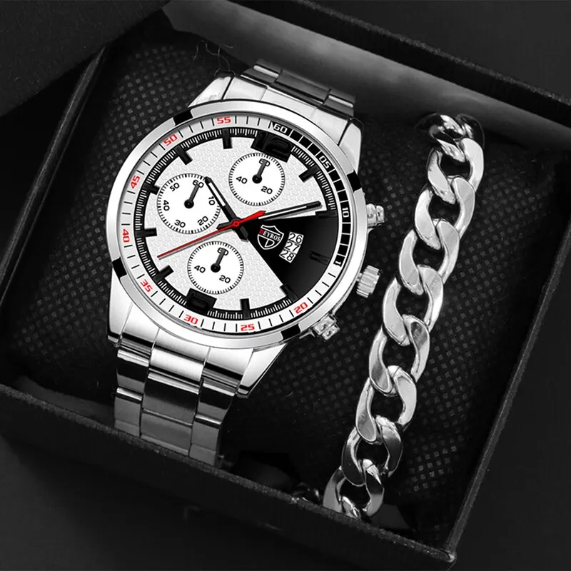 2PCS Luxury Fashion Men Calendar Watches Simple Men Business Sports Steel Mesh Quartz Wristwatch Bracelet Watch