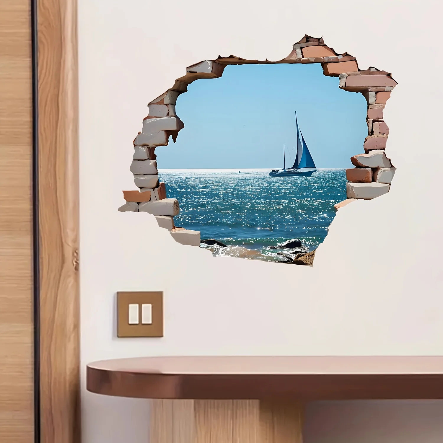 3D Visual Effect Torn Wall Sea View Sailboat Wall Sticker High‑Quality Flat Printed Self‑Adhesive Ocean Scenery Decor Decal