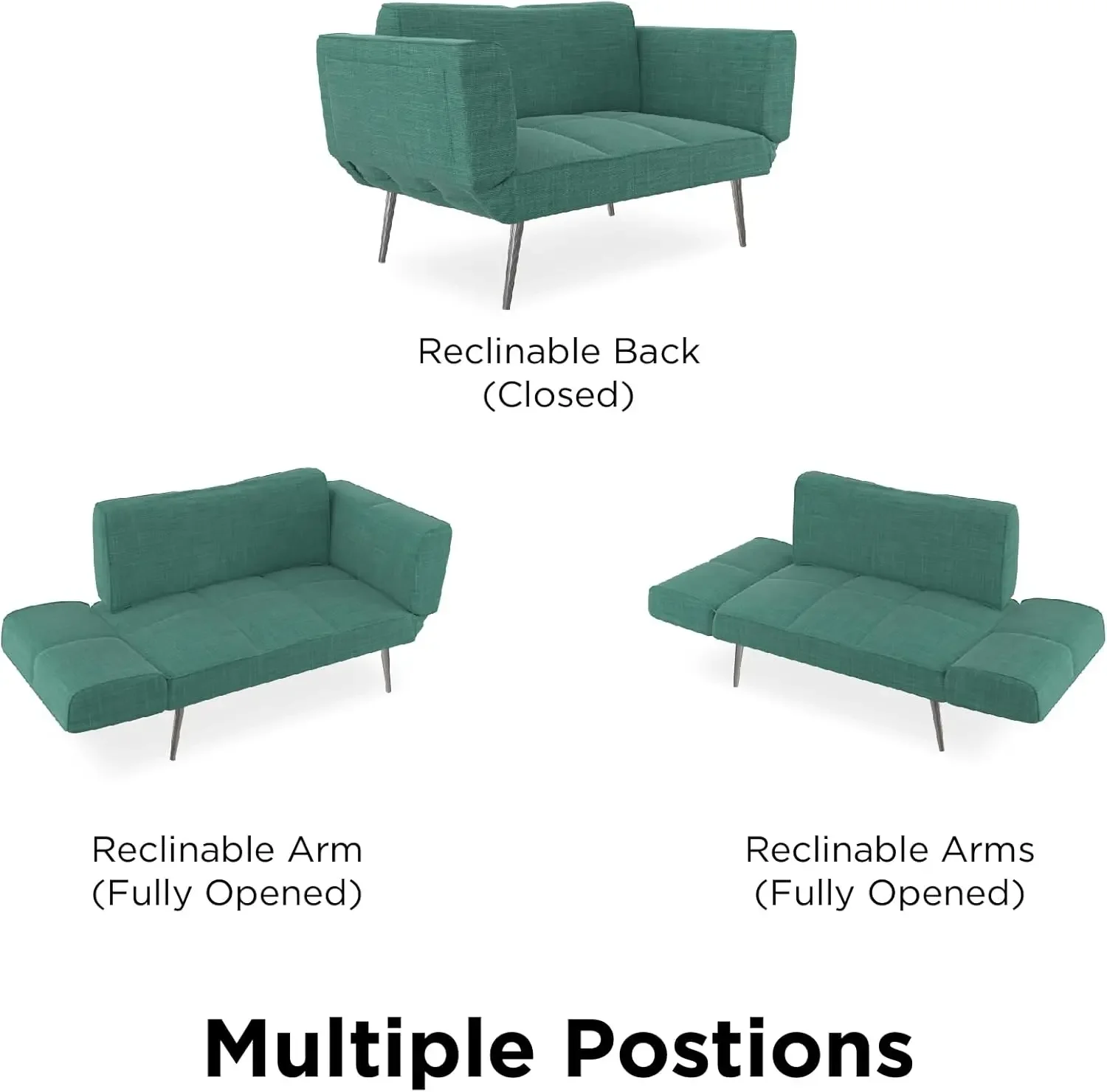 Loveseat com armazenamento de revistas, apoios de braços ajustáveis para convertidos em um sofá-cama, futon verde-azulado