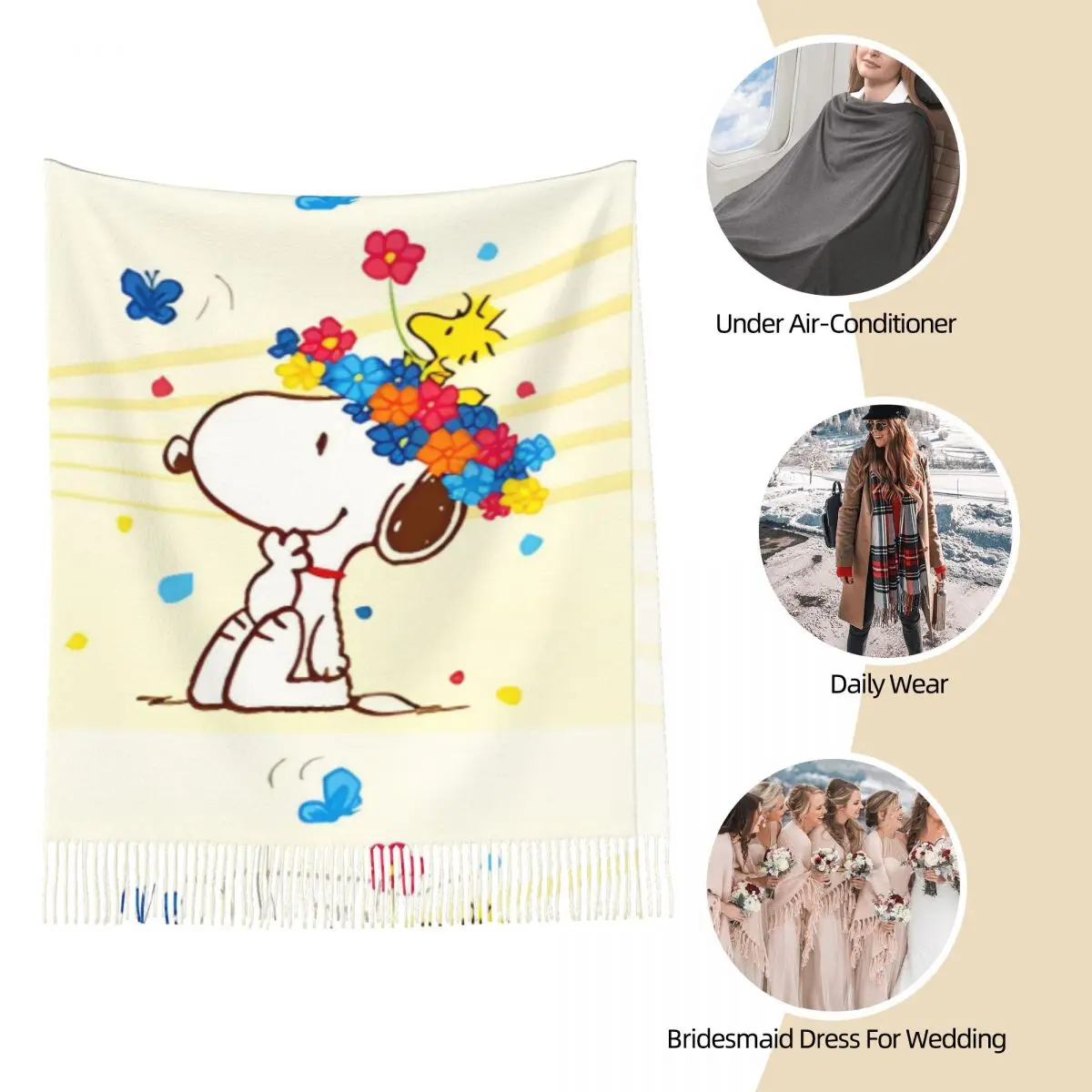 Bufanda de mujer con borla de maní Snoopy flores largo invierno otoño chal envoltura dibujos animados lindos regalos bufanda de cachemira