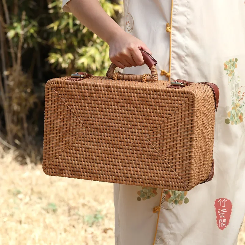 Handmade Bamboo Tea Storage Box Portable Rattan Basket for Tea Set Large Capacity Retro Style Outdoor Travel Organizer Case