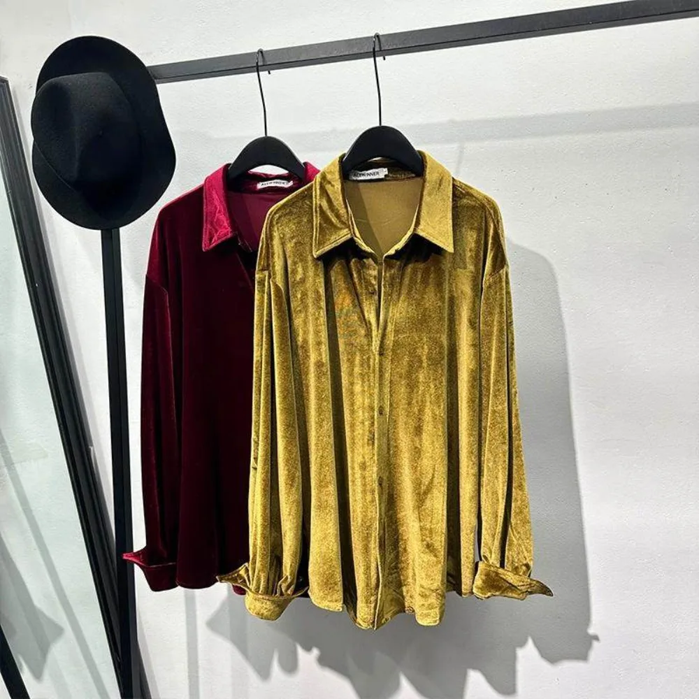 

High Street Shirts Velvet Retro Design Long Sleeved Shirt Men with High-end Feel and Loose Drape Shirts Tops