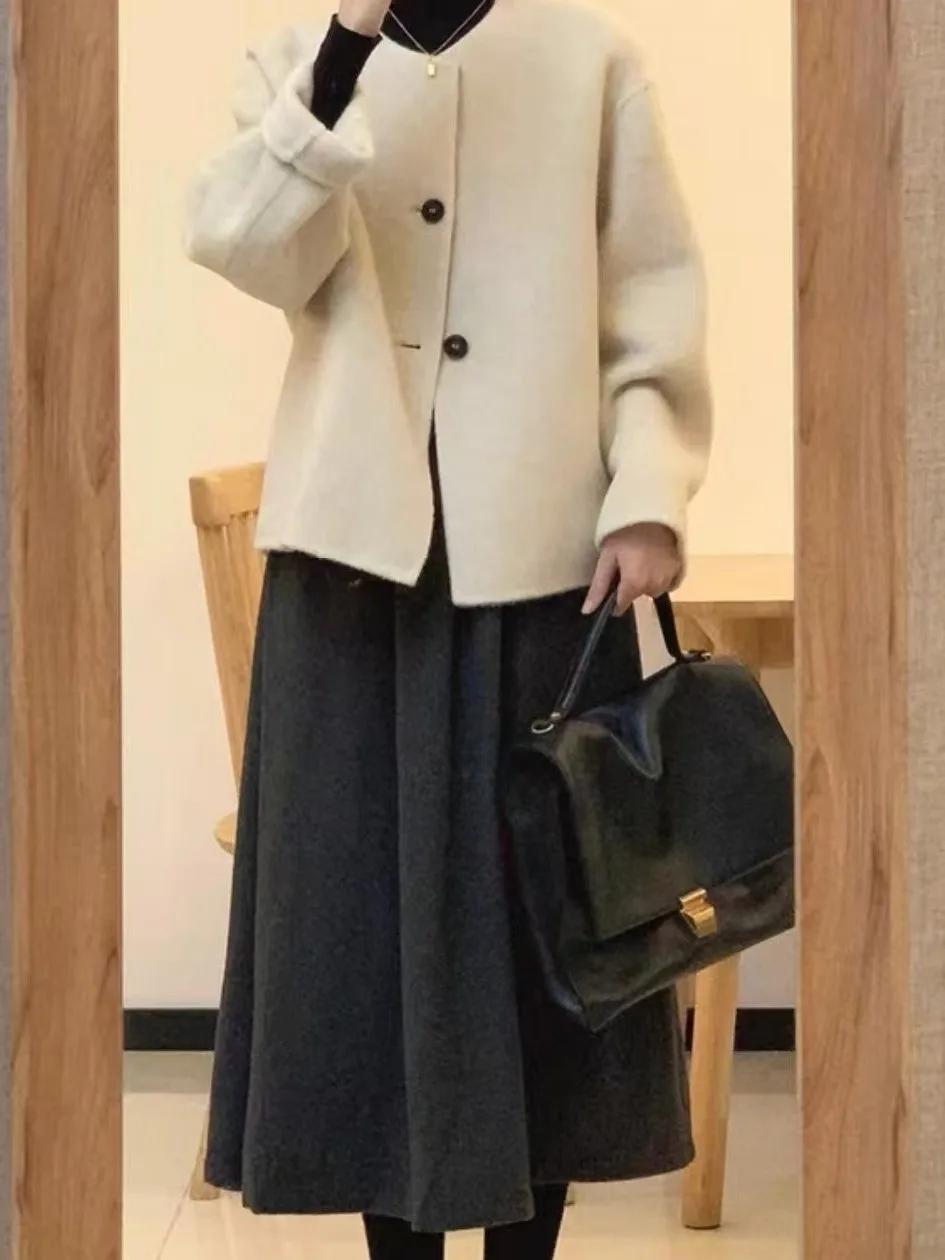 

Комплект: шерстяное пальто и белая юбка для женщин, повседневный комплект с юбкой А-силуэта с высокой талией, осенне-зимняя мода