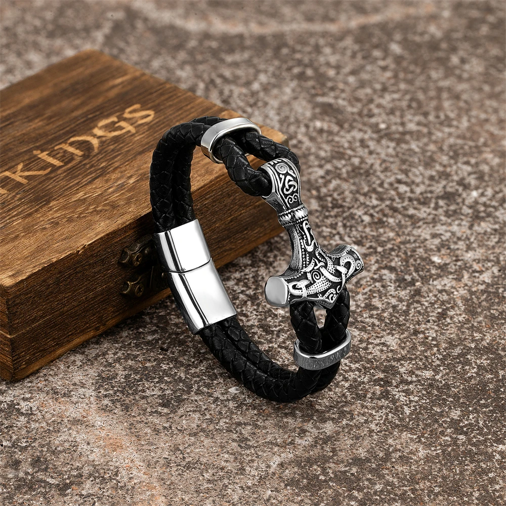 Punk Vikings Thors Hammer Leather Bracelet Men Stainless Steel Norse Runes Mjolnir Bangle Vintage Scandinavian Jewelry Male Gift