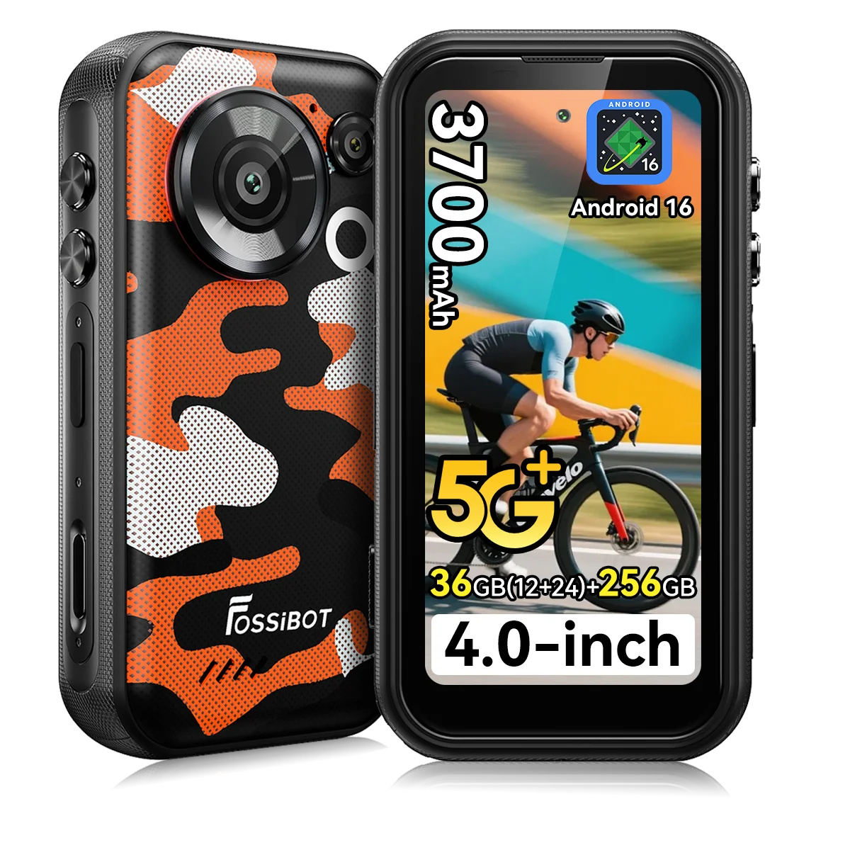 Robuuste 5G-smartphone Fossibot F116 Pro, 36GB (12+24) + 256GB, 4-inch mini-scherm, 3700mAh-batterij, 33W opladen, Dimensity 7300-processor, 12GB+256GB, Android 16, actiecamera met 152,6° groothoek,