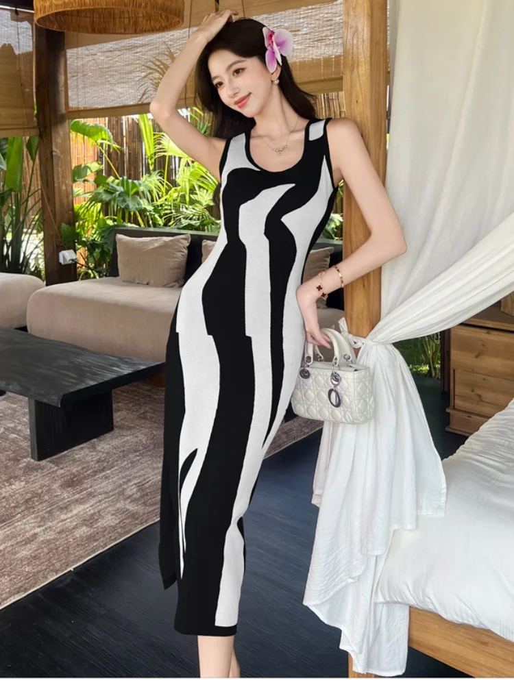 SMTHMA Vestidos 韓国シックなヴィンテージハイウエストの女性のドレスボディコンセクシーなストレッチニット 2025 サマードレス