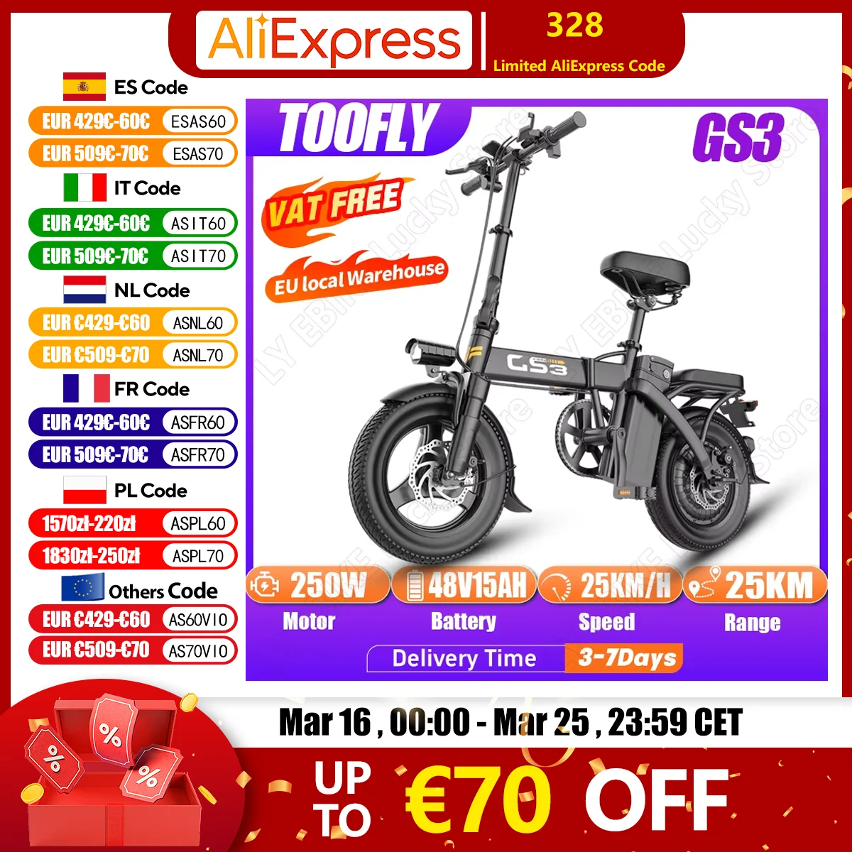 TOOFLY GS3 vélo électrique pliant 250W 48V15AH adulte voyage ville banlieue vélo électrique 14*2.125 pouces pneu Mini e-bike