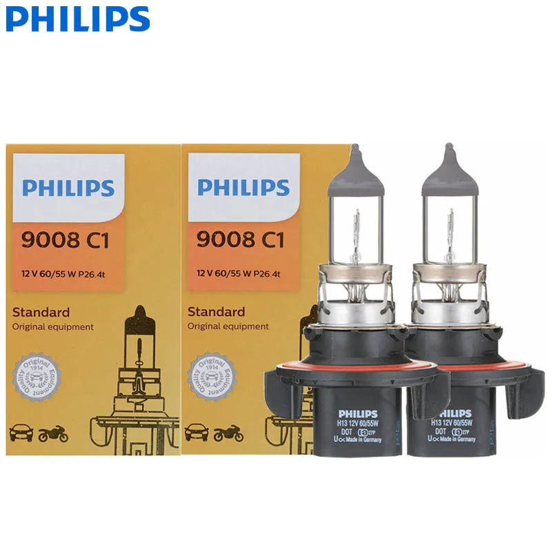 PHILIPS H13 Standard Vision Halogen Headlamp 12V 60/55W P26,4d Base Genuine Bulbs 3200K High Low Beam +30% Brighter 9008C1, 1/2X