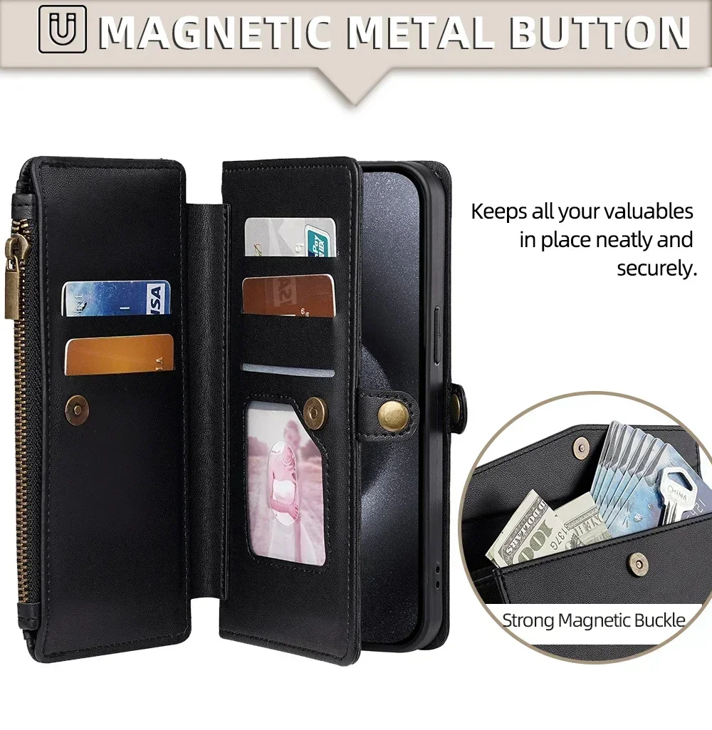 Reißverschluss PU-Leder Brieftasche Buchcover Handyhüllen für iPhone 16 16E 17 Air Pro Plus Max Flip Cover Multifunktionale Berging Bags – Detail 9