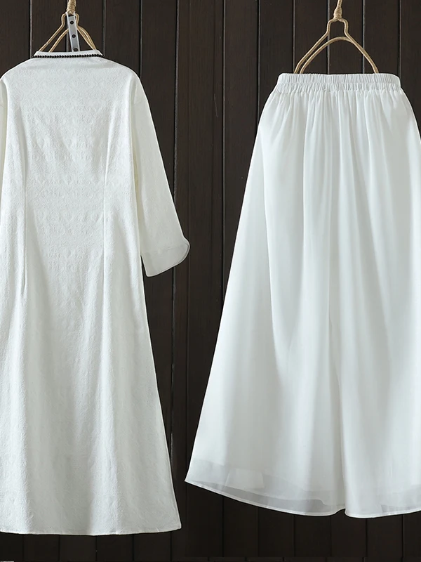 Chic Summer Cotton Linen Tea Dr Set Women's Two-Piece Suit Zen Meditation White Vintage Sle Button up A-Line Skirt