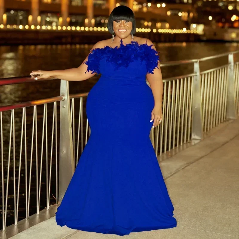 Vestido Largo Ajustado de Fiesta para Mujer, Talla Grande, con Plumas, sin Tirantes, Estilo Sirena, para Noche, Fiesta, Club, Sexy