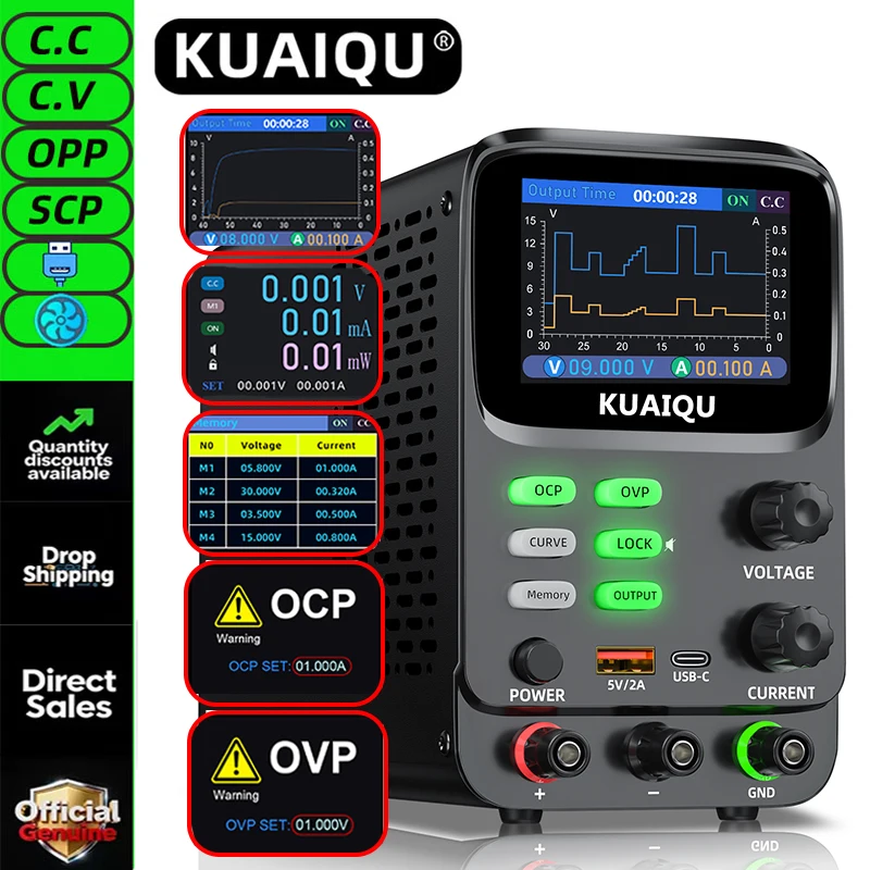 Fuente de alimentación de alta precisión KUAIQU, pantalla de corriente de voltaje hiperbólico de 5 dígitos, almacenamiento de memoria OVP para chip de prueba 10μ A,0.01mA