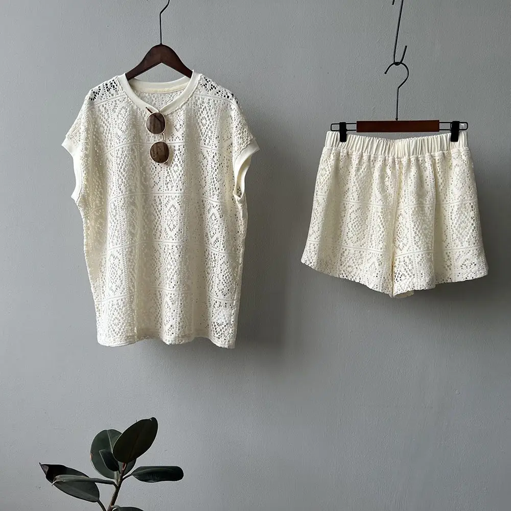 Summer Casual Chic Hollow Out Top and Shorts Set