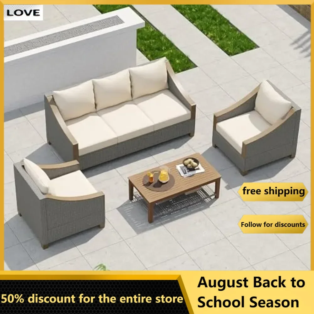 

3-Seater Loveseats,2 Single Chairs and Wooden Coffee Table for5Person Patio4Piece Rattan Conversation Sofa 5 Cushions & Pillows