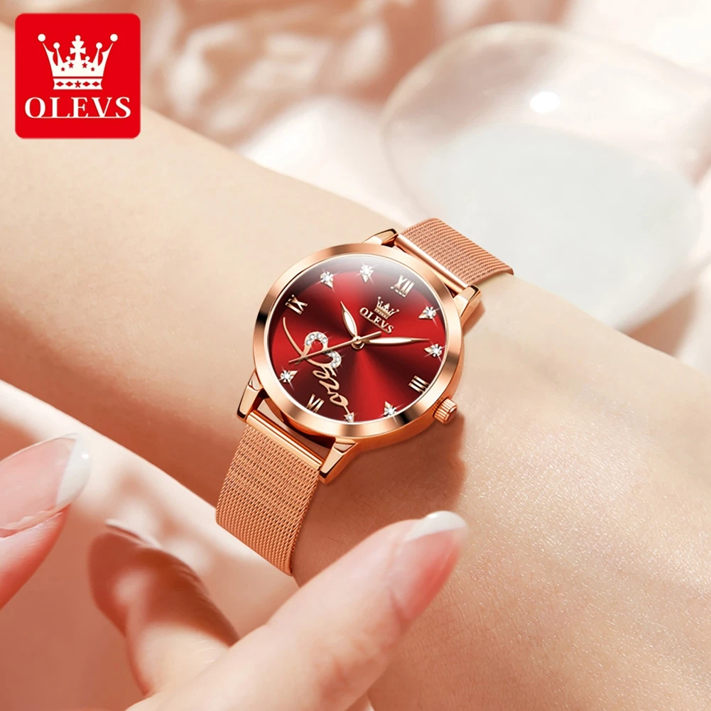 OLEVS Red Love Women\'s Watches Luxury Elegant Stainless Steel Mesh Belt Waterproof Quartz Wrist watch for Ladies Christmas Gift