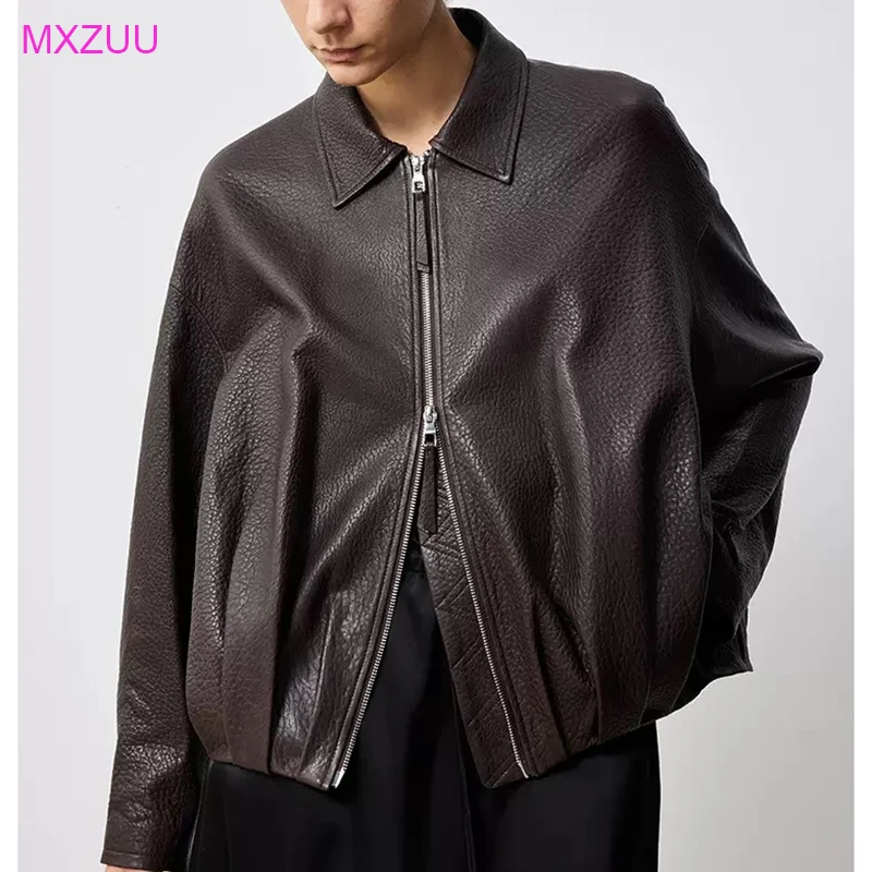 Coffee Leather Jacket Autumn Women Simple Fashion Lapel Zipper Loose Natural Texture Sheepskin Foam Leather Short Coat Jaqueta