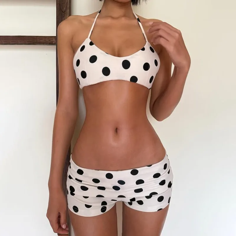 

American Retro Beach Vacation Spa Polka Dot Hot Girl Shorts Bikini Set with Halter Neck Strap Solid Color Shorts Women Swimwears
