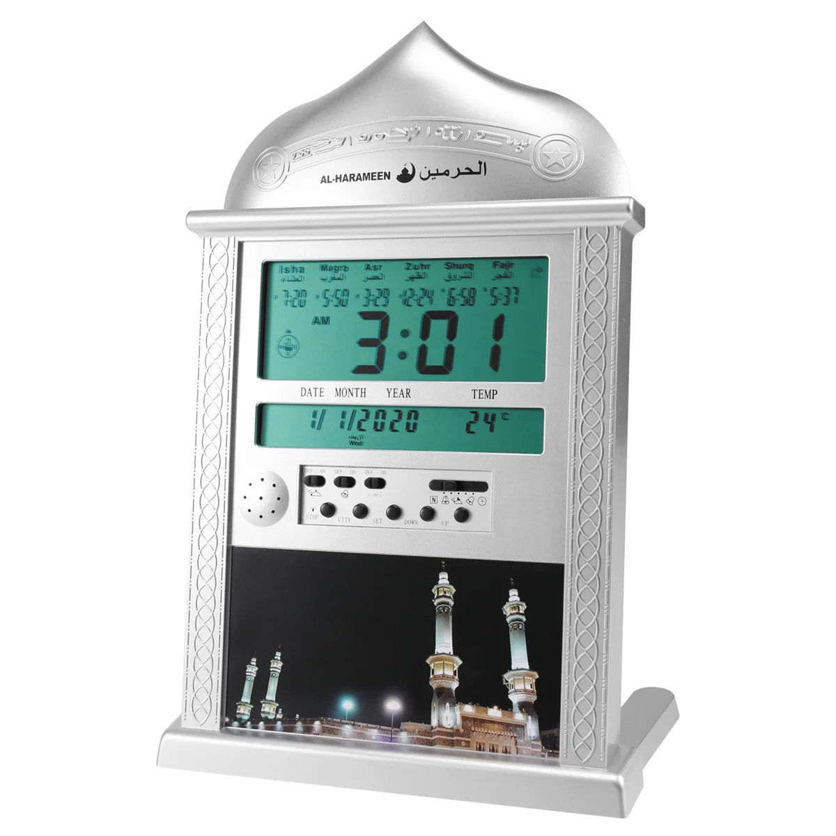 Azan Mosque Prayer Clock Islamic Mosque Azan Calendar Muslim Prayer Wall Clock Alarm Ramadan Home Decor Silver