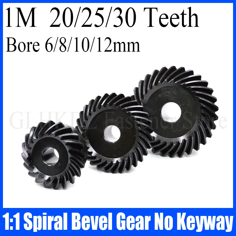 

1 Set 1:1 Spiral Bevel Gear 1M 20/25/30 Teeth Bore 6/8/10/12mm 45# Steel Left-handed/Right-handed Helical Gear No Keyway