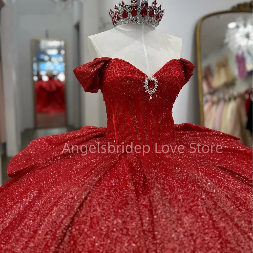 Angelsbridep-vestido De baile De lujo con cuentas rojas para Quinceañera, Vestidos escalonados De tul brillante con escote Corazón, 15, 2025