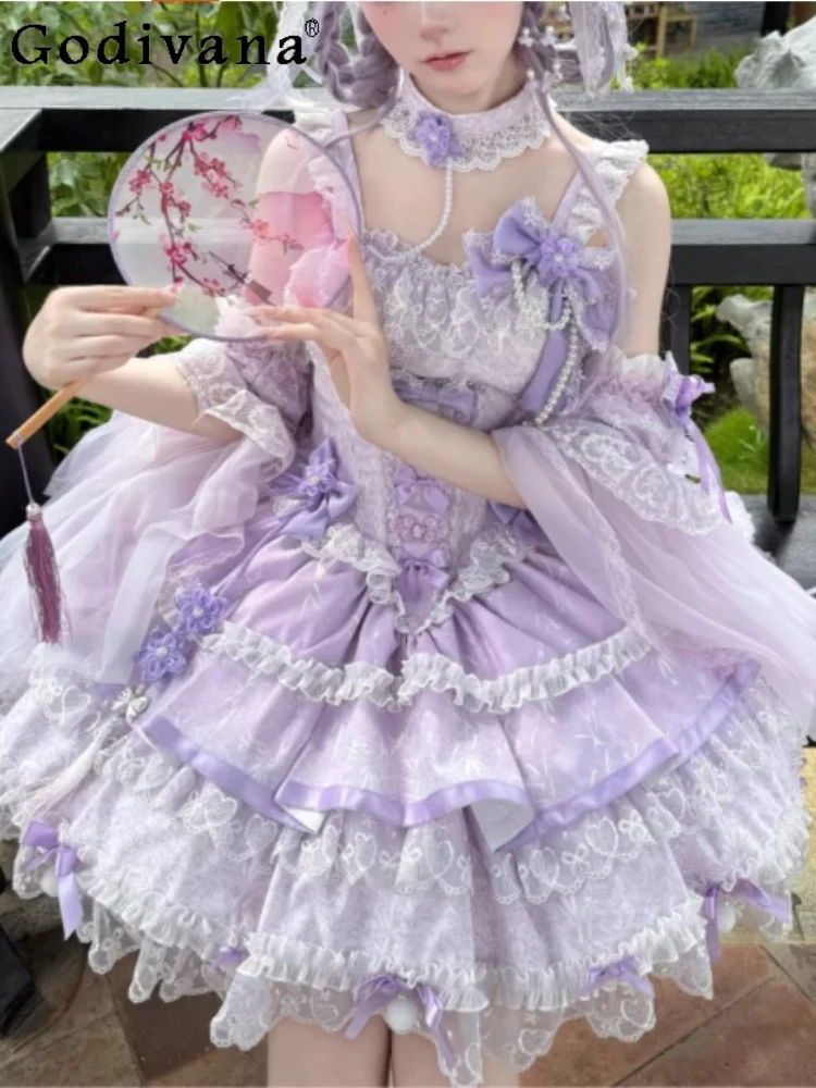 

Chinese Lolita Purple Bow Ruffles Versatile Slash Neck Suspender Dresses Girls Age Reduction Heavy Industry Cake Princess Dress