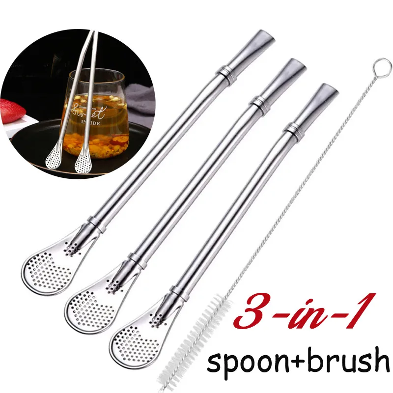 

3pcs Spoon Brush Sets Multifunctional Straw Spoon Mixer Reusable Stainless Steel Drinking Straws with Filter Coffee Stir Bars