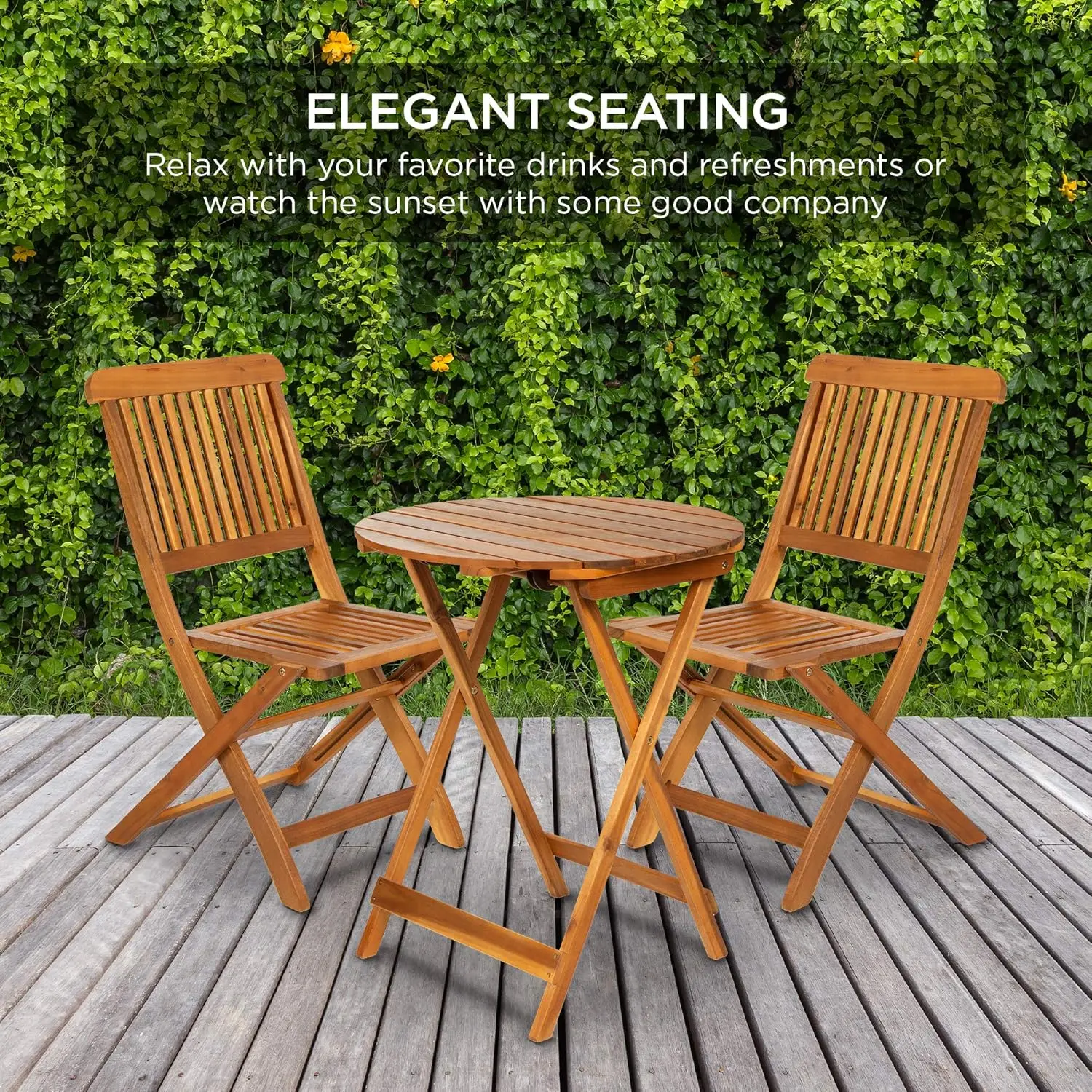 3-Piece Acacia Wood Bistro Set, Folding Patio Furniture for Backyard, Balcony, Deck w/ 2 Chairs, Round Coffee Table, Teak Finish