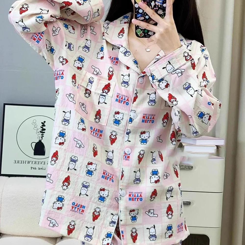 Miniso Hello Kitty Pajamas Pochacco Cartoon Canvas Printed Home Clothes Set New Autumn Dopamine Long Sleeve Cardigan