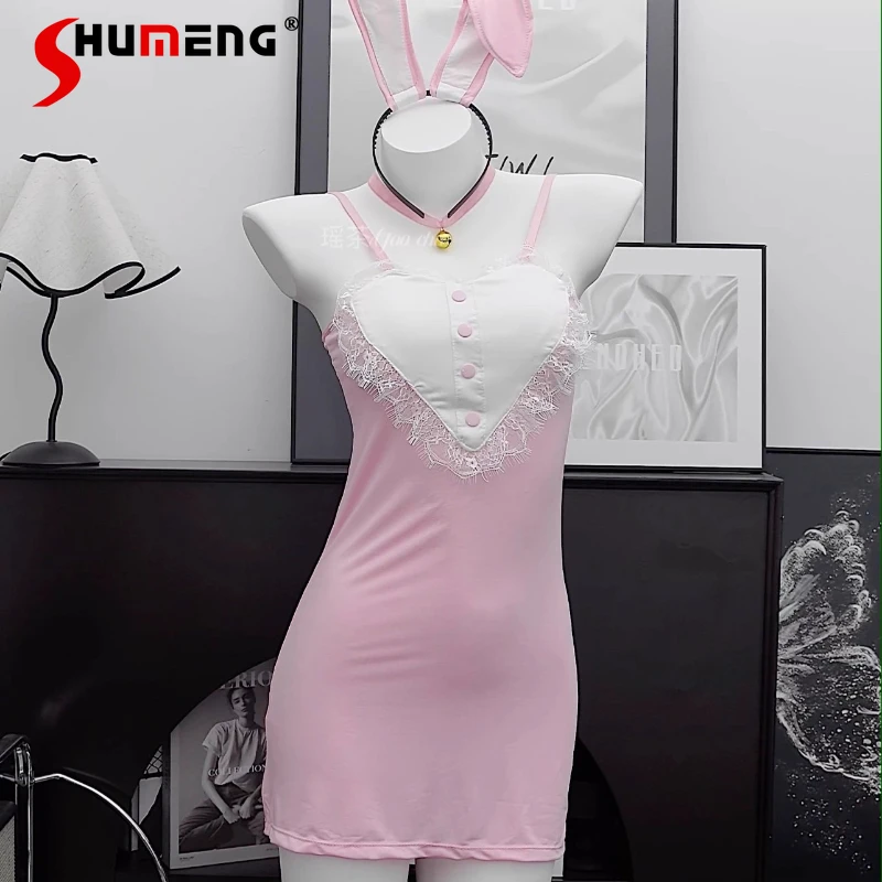 

Sweet Cute Bunny Sexy Bodycon Nightgowns Female Sleeveless Strap Nightdress Set Women's Japanese Pink Color Sleepshirts