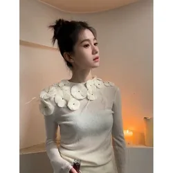 New Chinese Style O-neck Flower Beading Tops Women Spring  Slim Fit White Pullovers Y2k E-Girl Long Sleeve Sweater Mujer