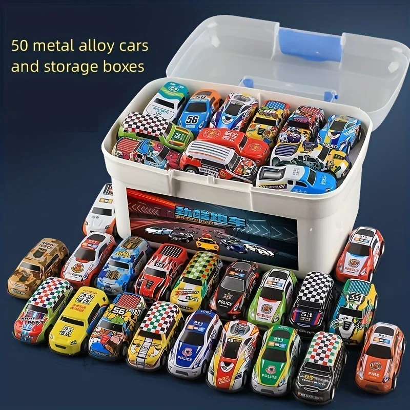 50pcs with Storage Box Mini Alloy Car Tin Car Back Force Car Sliding Car Children's Toys，Halloween and Christmas Gift