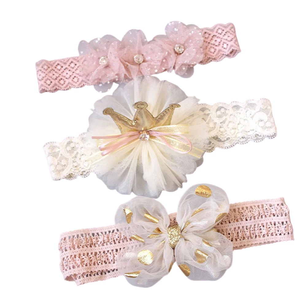 

3 Pieces Baby Girls Lace Headband Set Sweet Polka Dot Bowknot Flower Crown Hair Band Infant Princess Photography Props