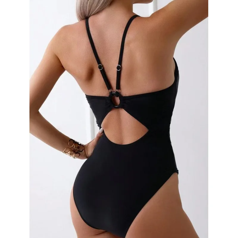 

2025New swimwear Solid Color Ring Personality Women's One-Piece Bikini Swimsuit