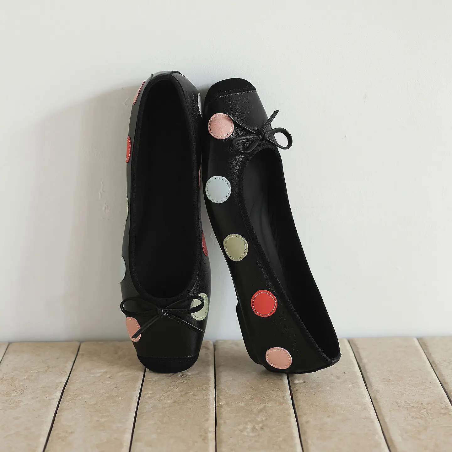 Handmade Genuine Leather Sheepskin Women Shoes, Patch Polka Dot Slip-on  Flats Fashion Ballet Flats