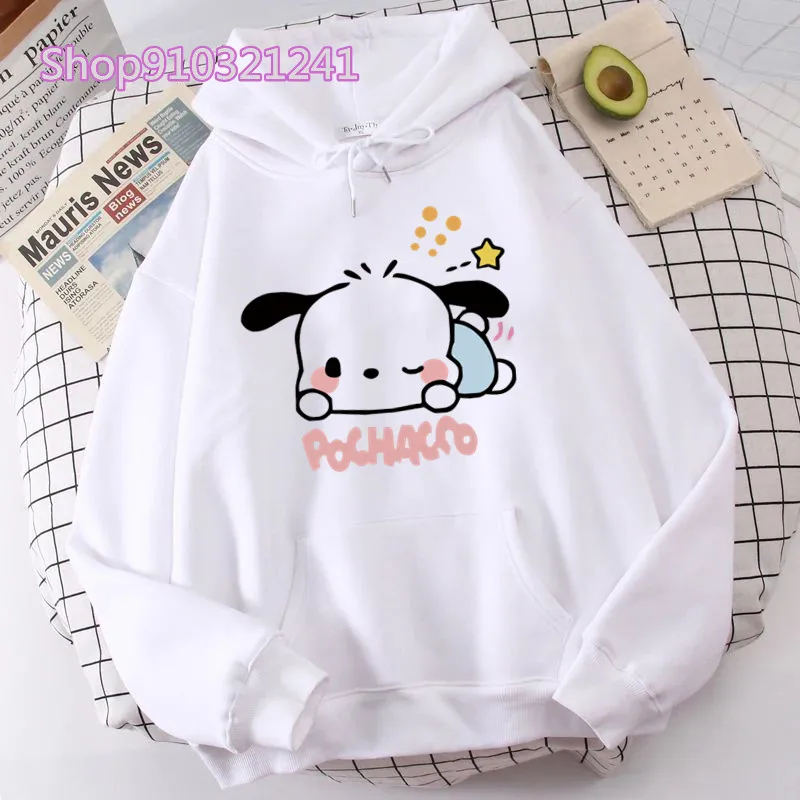 White Cute Pochacoo Hoodies Kawaii Sweatshirt Women\'s Hoodie Cartoon Printed Spring Fall Long Sleeve Sportswear Girls Clothing