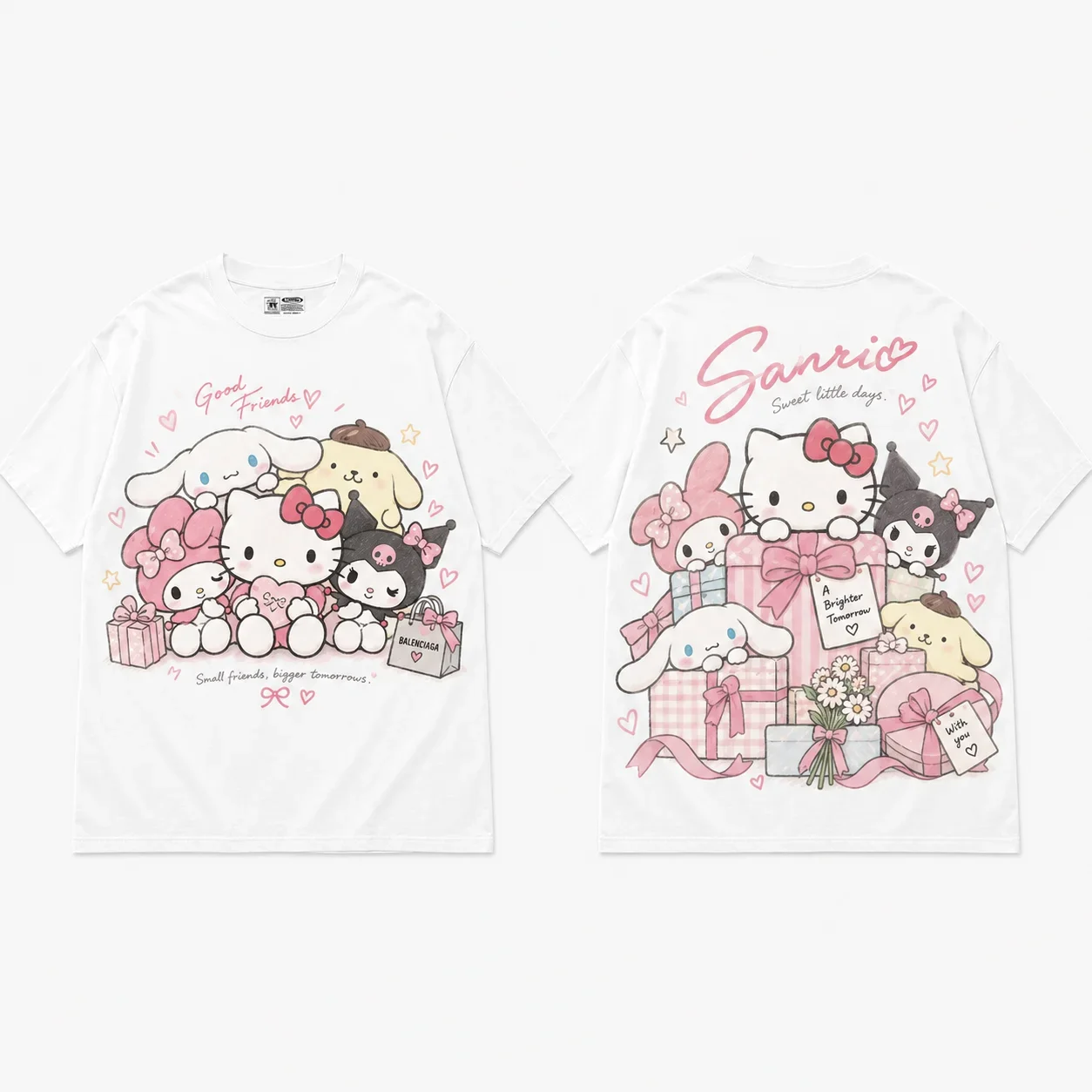 Hello Kitty White Tee Oversized Graphic Art Print Short Sleeve Streetwear Top for Men And Women Cool Parent Child Basebal