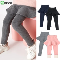 LOlanta Girls Fleece Lined Leggings with Skirt Warm Winter Pants Kids Footless Ruffle Pantskirt