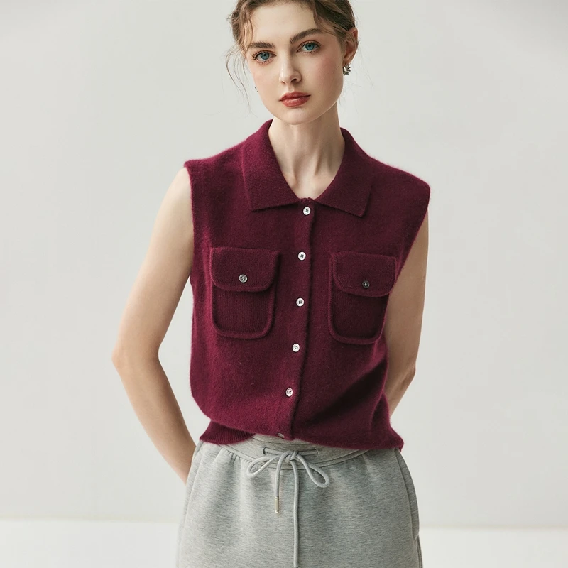 Women's 100% Cashmere Sweater Polo Collar Waistcoat Autumn Winter Vest Cashmere Knitwear Pockets Luxury Sleeveless Clothing Tops