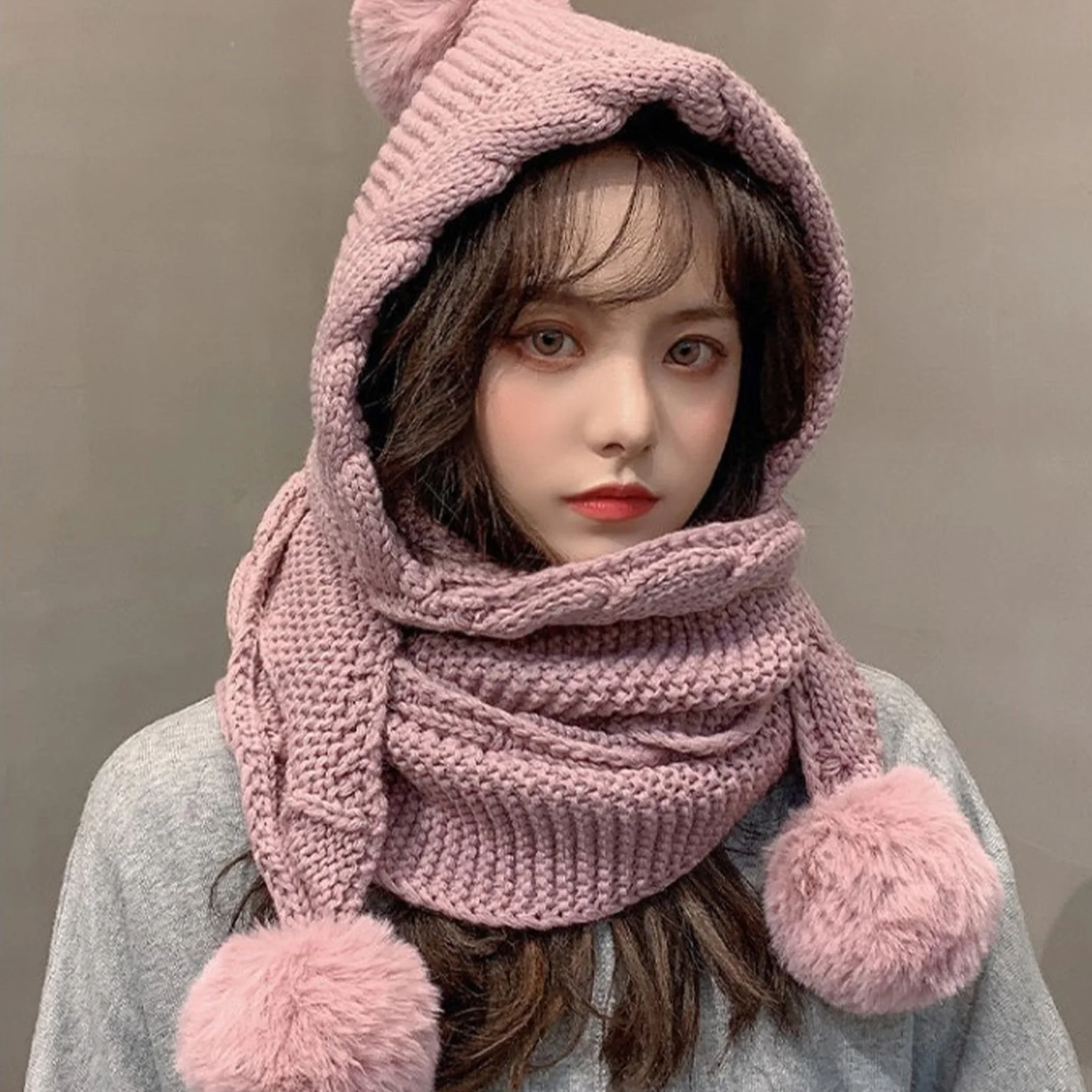 

Plush Hat Ear Protection Beanie Hat With Scarf Nordic Style Thermal Hat Scarf Plush Balls Decoration Suitable For Cold Weather