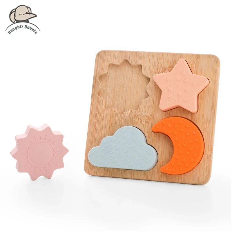 

Montessori Wooden Silicone Toys Star Moon Sun Cloud Shape Matching Bpa-free Silicone Teething Educational