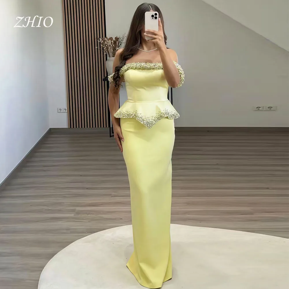 ZHIO Elegantes, mit Perlen verziertes Hochzeitskleid, trägerlos, abgestuft, Meerjungfrau, bodenlang, gelbes Satin, formelles Abendkleid, individuell gestaltet