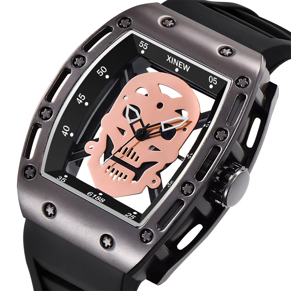 Relogio Masculino Watch Men Skull Hollow Watches Unique Skeleton Rubber Strap Tonneau Quartz Wristwatch Male Clock Drop Shipping