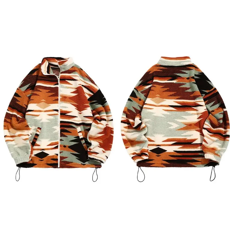 

CYL-Women's Ethnic Print Micro Pellet Plush Zip Front Jacket With Pockets Soft Fleece Outerwear