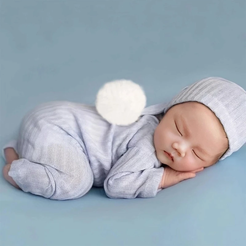 

Safe Newborn Photography Outfit with Knitted Long Tail Hat Bodysuit Unique Newborn Photography Costume Baby Romper P31B