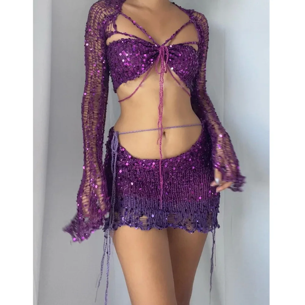 

Knitted Two Piece Skirt Sets Summer Women Clothes Sexy Crop Top Elegant Knit Sequin Dress 2 Piece Set Outfit Hot Girl Streetwear