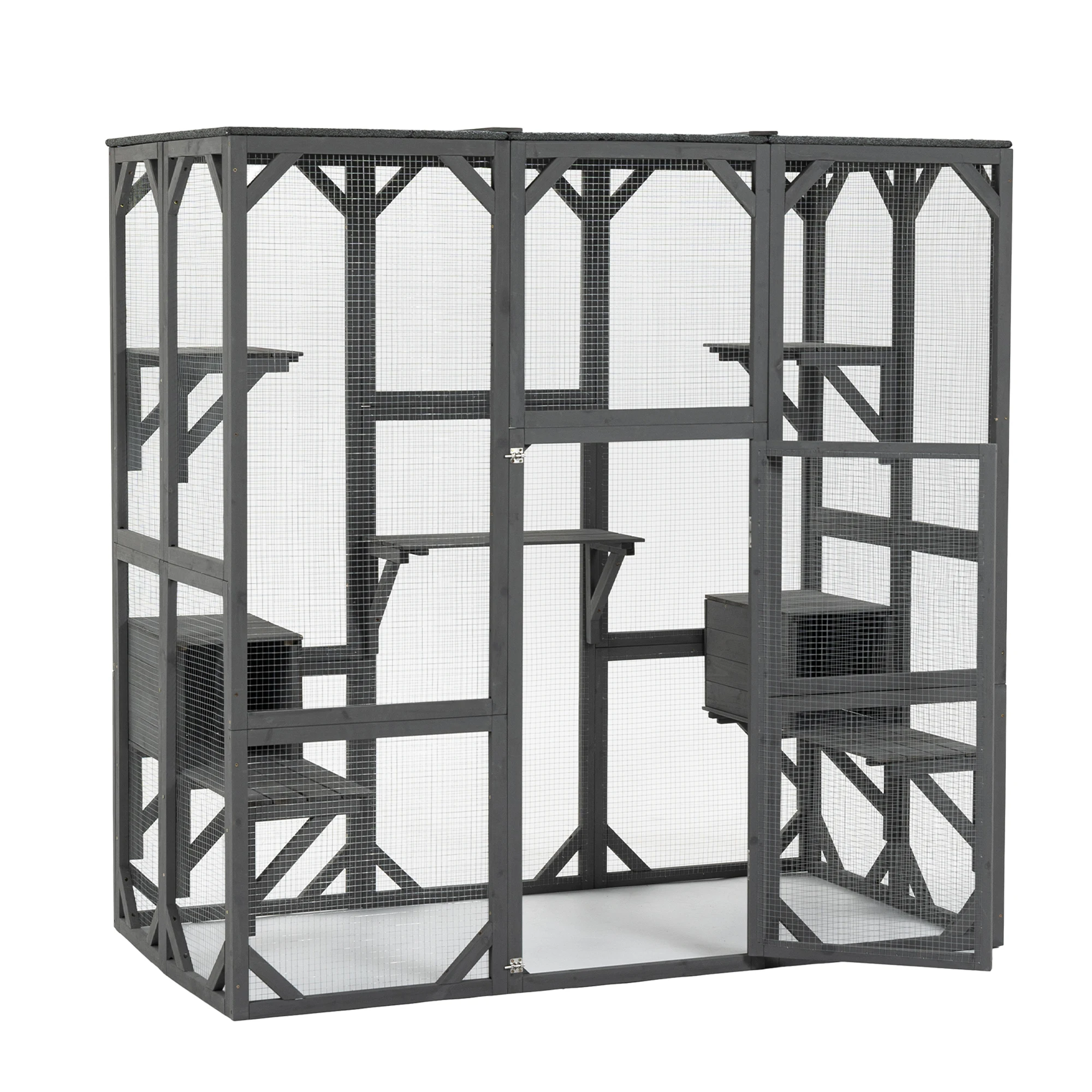 

71"×37"×71" Outdoor Cat House Wooden Catio Enclosure w/Cover- Large Cat Cage with Jump Platforms and Condos, Weatherproof, Grey