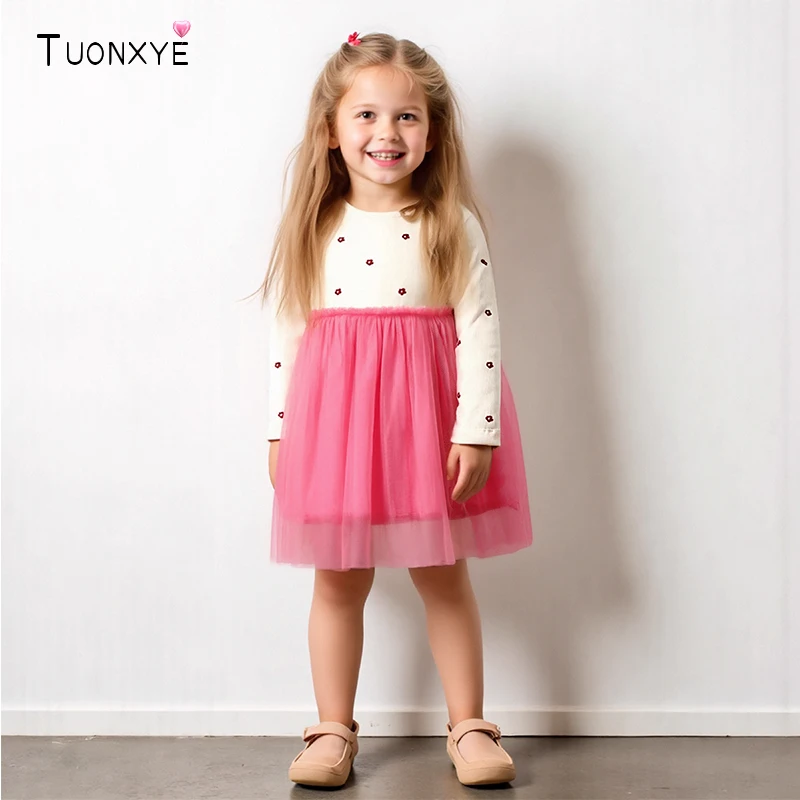 TUONXYE Mädchen Solide Farben Casual Kleider Frühling Neue Kinder Mesh Kleider Herbst Baby Mädchen Langarm Baumwolle Kleider Kostüme